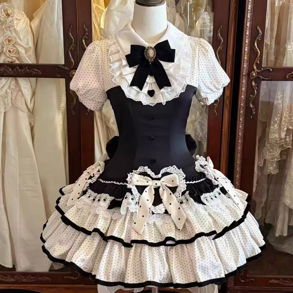cute japanese dresses online Sweet Lace Bow Party Polka Dot Dress Summer New Kawaii Designer Lolita Patchwork A-lin modern japanese dress Realtix Womens Summer Satin Office To Evening Finish:Rose Gold no ribbon