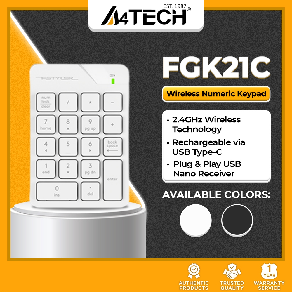 A4Tech Fstyler FGK21C 2.4G Wireless Rechargeable Numeric Keypad, 18 Low ...