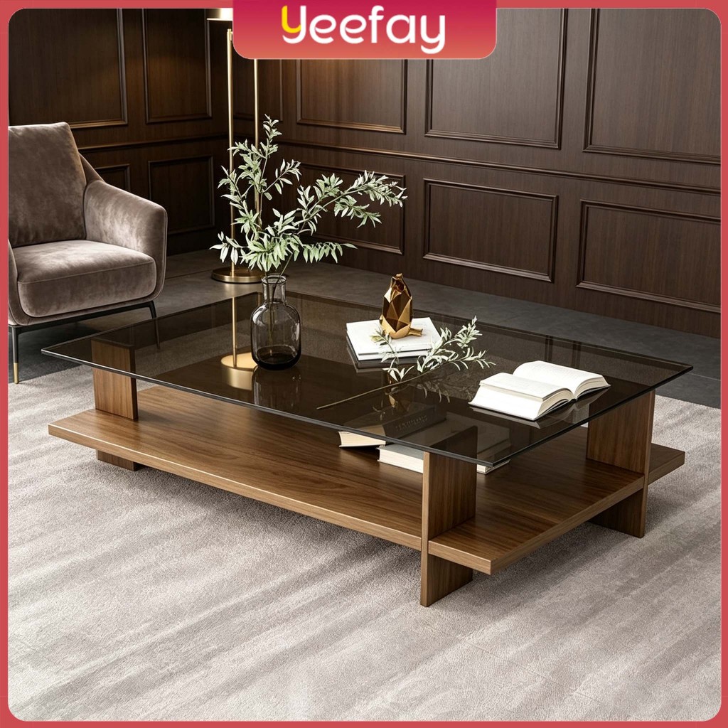 Nordic-style Living Room Coffee Table Modern Tempered Glass Wood Coffee ...