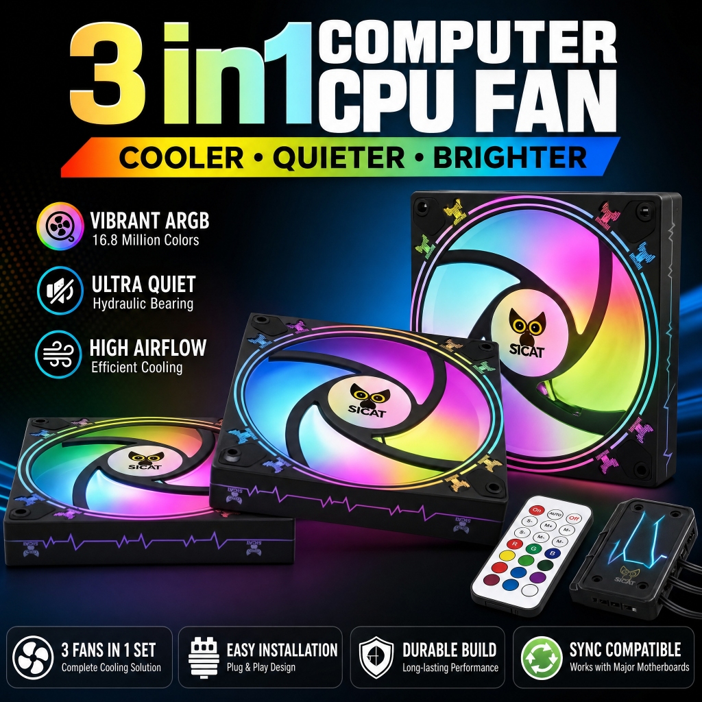 S12 PC Fan RGB Fan RGB Cooling Fan CPU Cooler PC Case Fan 3 IN 1 KIT ...