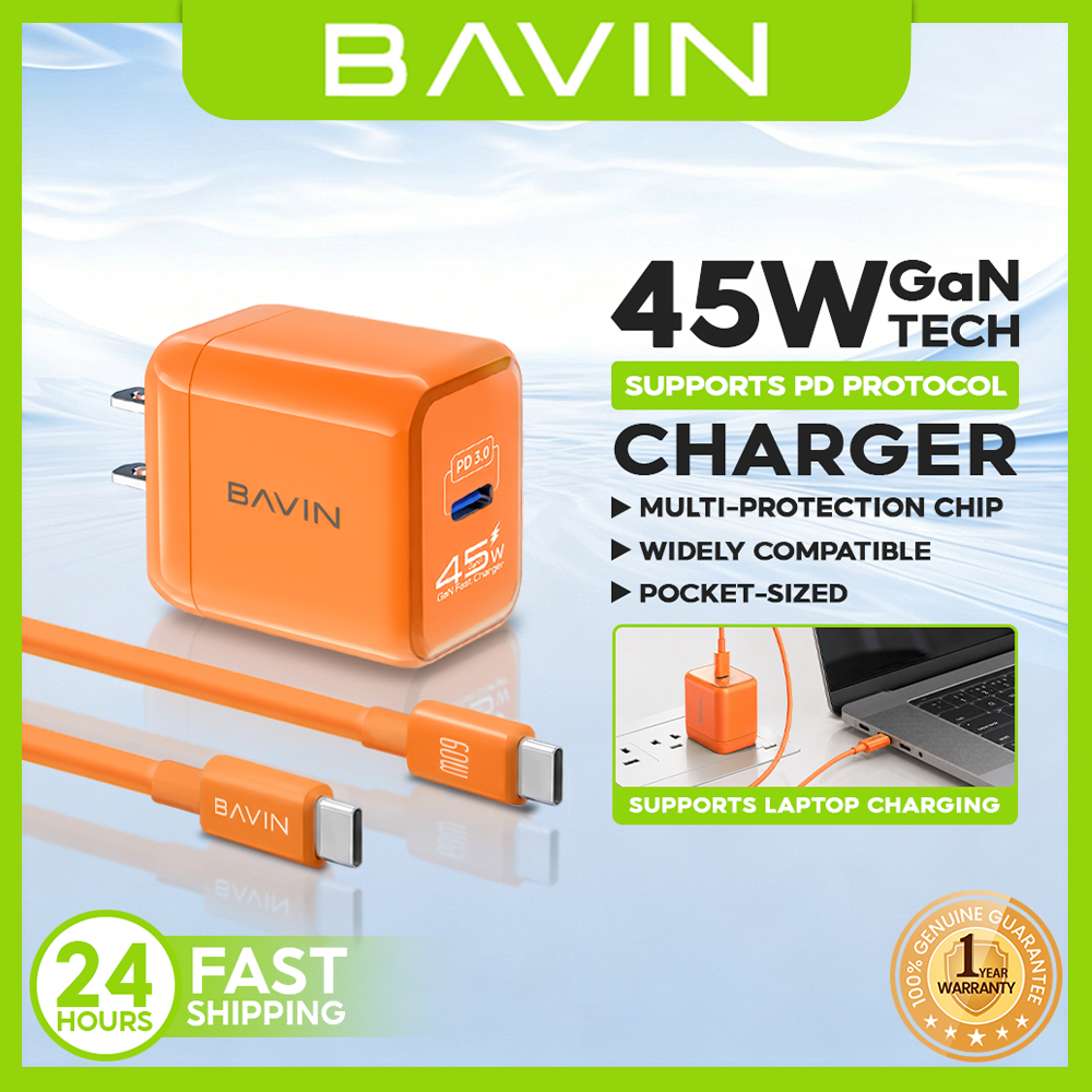 BAVIN PC2132 GaN 45W PD Mini USB-C Fast Charger Wall Adapter w/ Cable ...