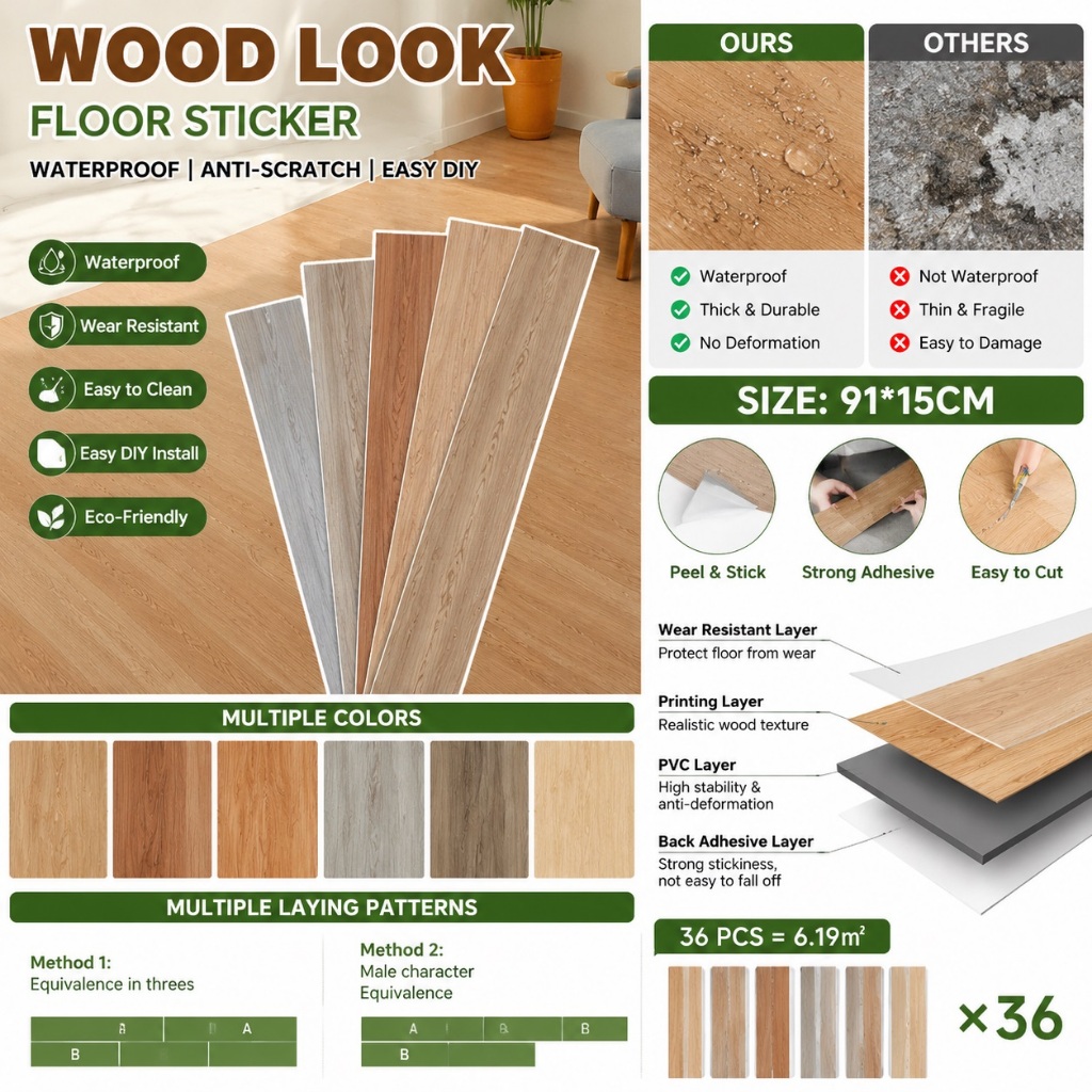 3D floor sticker 91x15cm Wood Tiles For Flooring Home Floor Decor vinyl ...