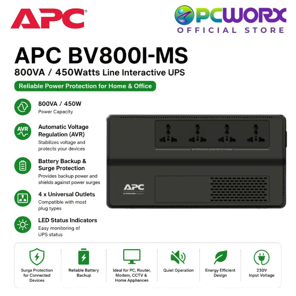 APC BV800I-MS 800VA 450W Line Interactive UPS with AVR & 4 Universal ...