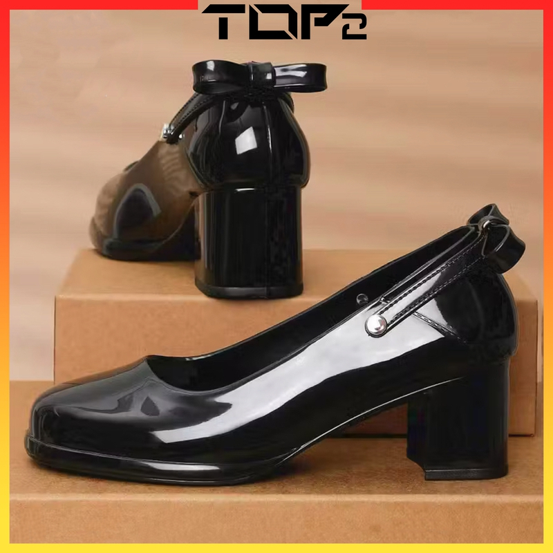 [TOP2] New 2-inchs High Heel Black Shoes For Women Shiny Slip-on High ...