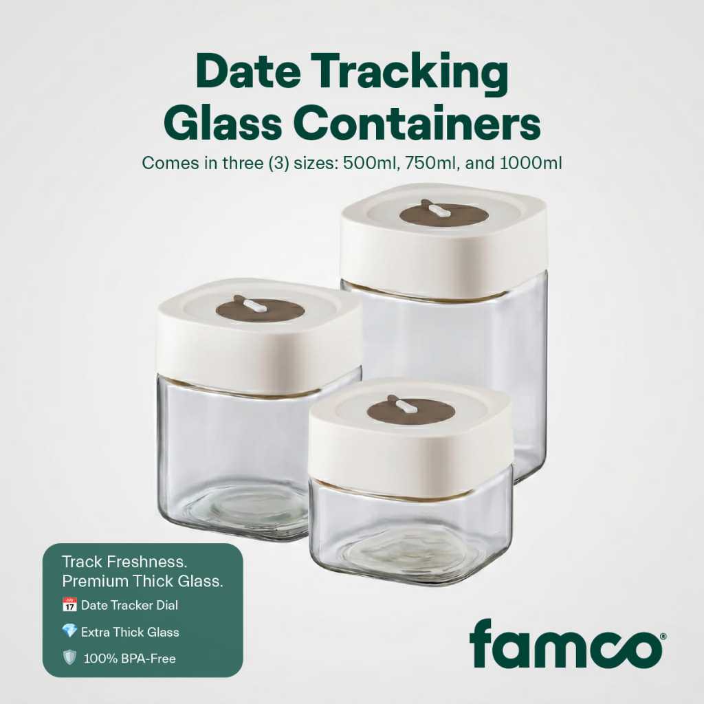 Famco Date Tracking Glass Container, Thick Airtight Stackable Pantry ...