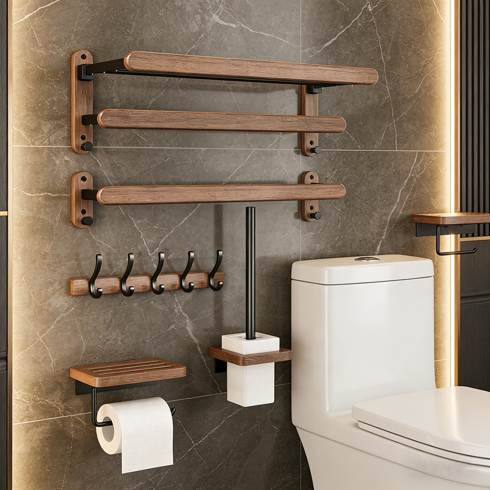 Waterproof Wooden Bathroom Towel Rack Set Wall Mounted Bathroom ...