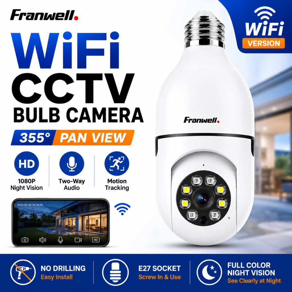 Franwell V380 WiFi CCTV Bulb Camera 355° 1080P Night Vision Two Way ...