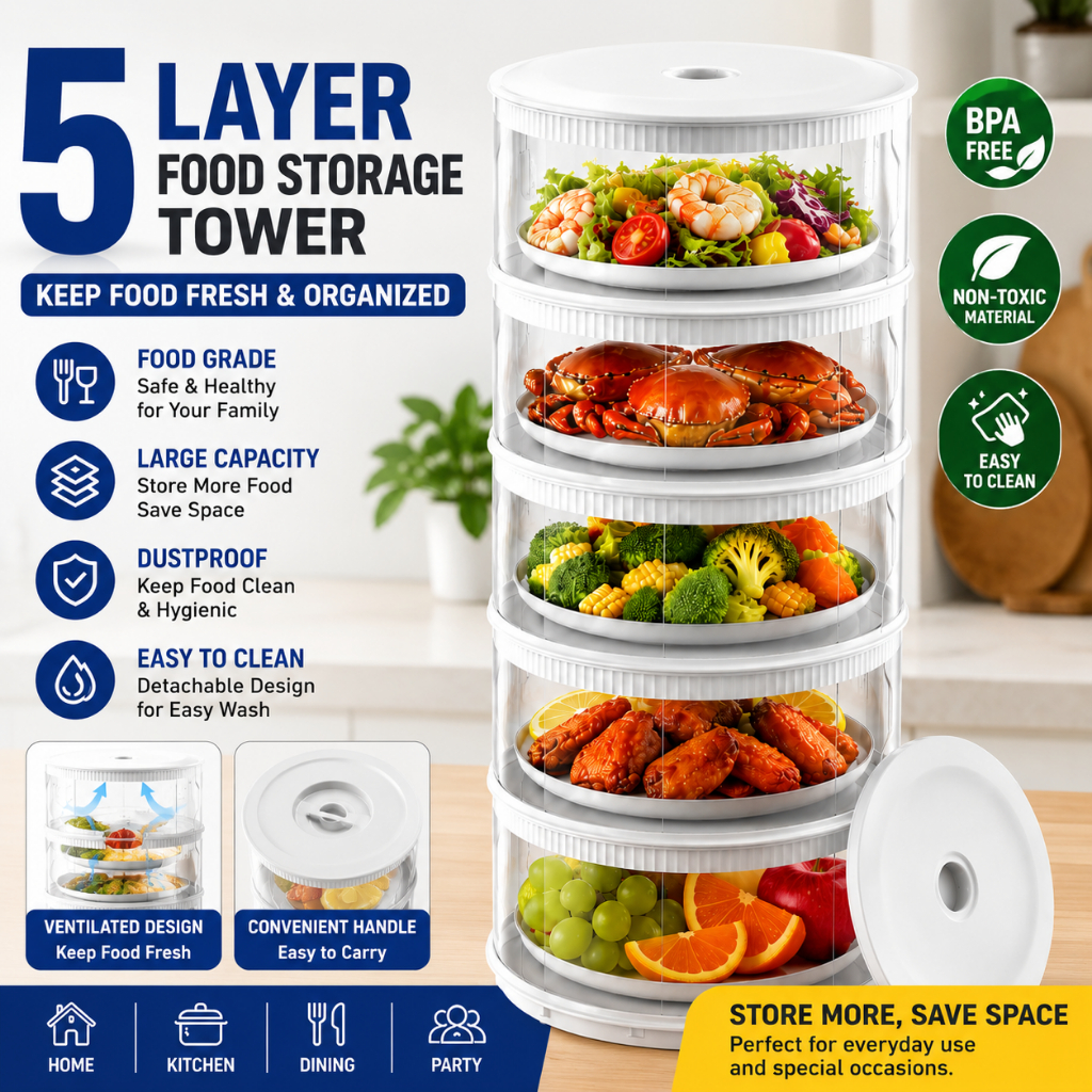 Household 5-layer food storage box fly-proof fresh-keeping food storage ...