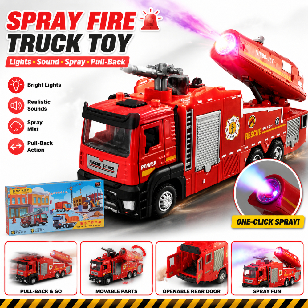 1:32 Fire Truck Toy With Spray Mist Sound Light Pull Back Function Fire ...