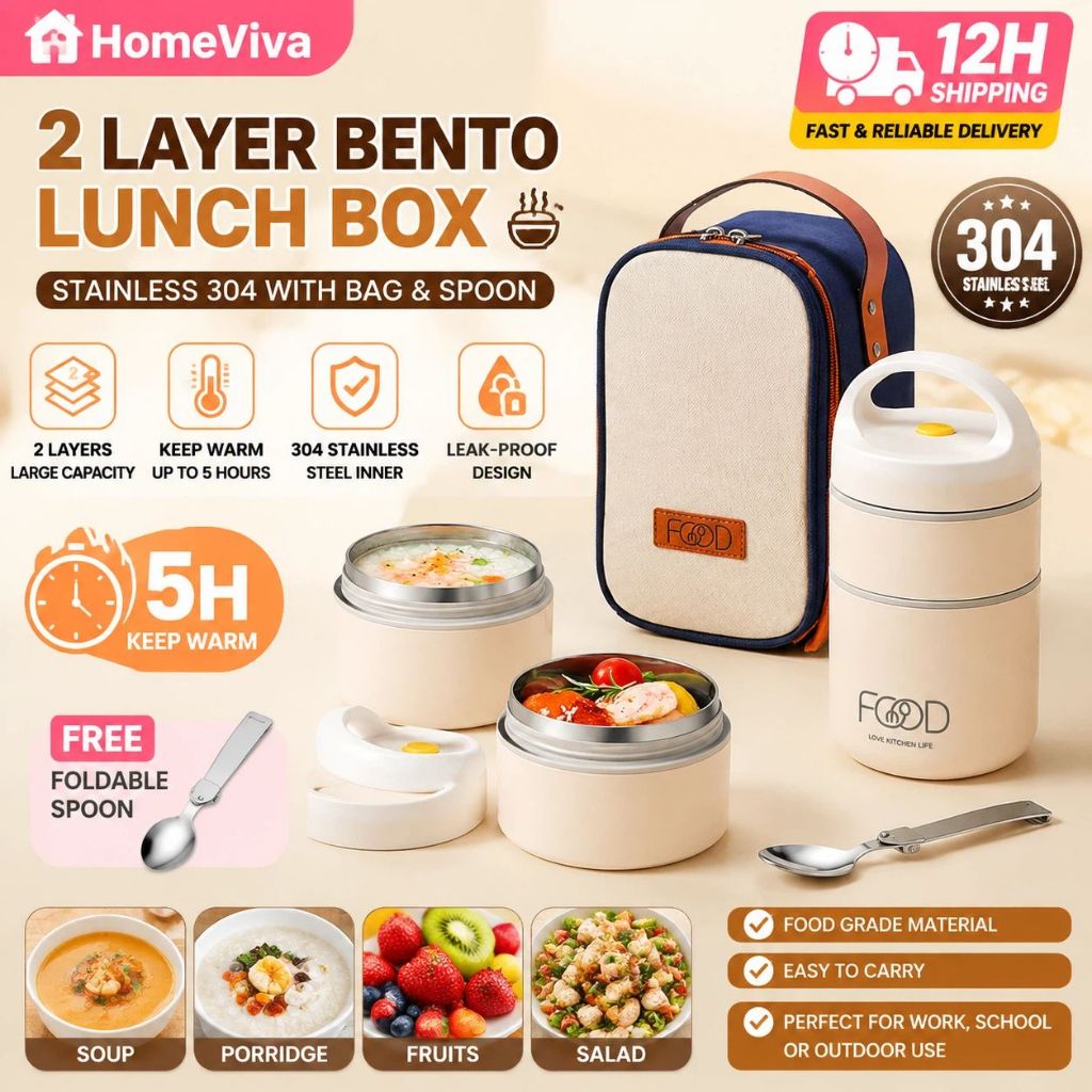 2 Layer Bento Lunch Box Stainless With Bag Thermal 304 Stainless Steel ...