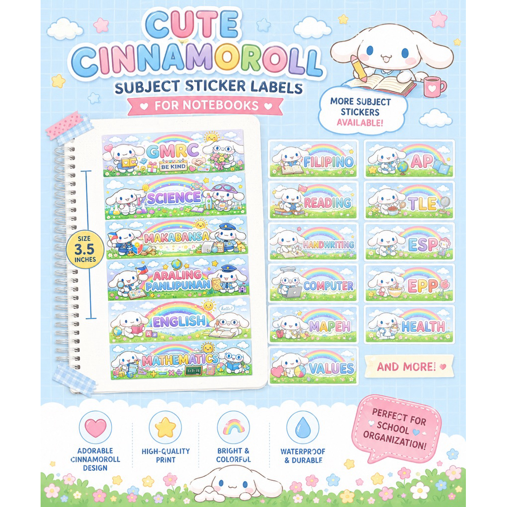 Cinnamoroll-Themed School Subject Sticker Labels | Cute Notebook Labels ...