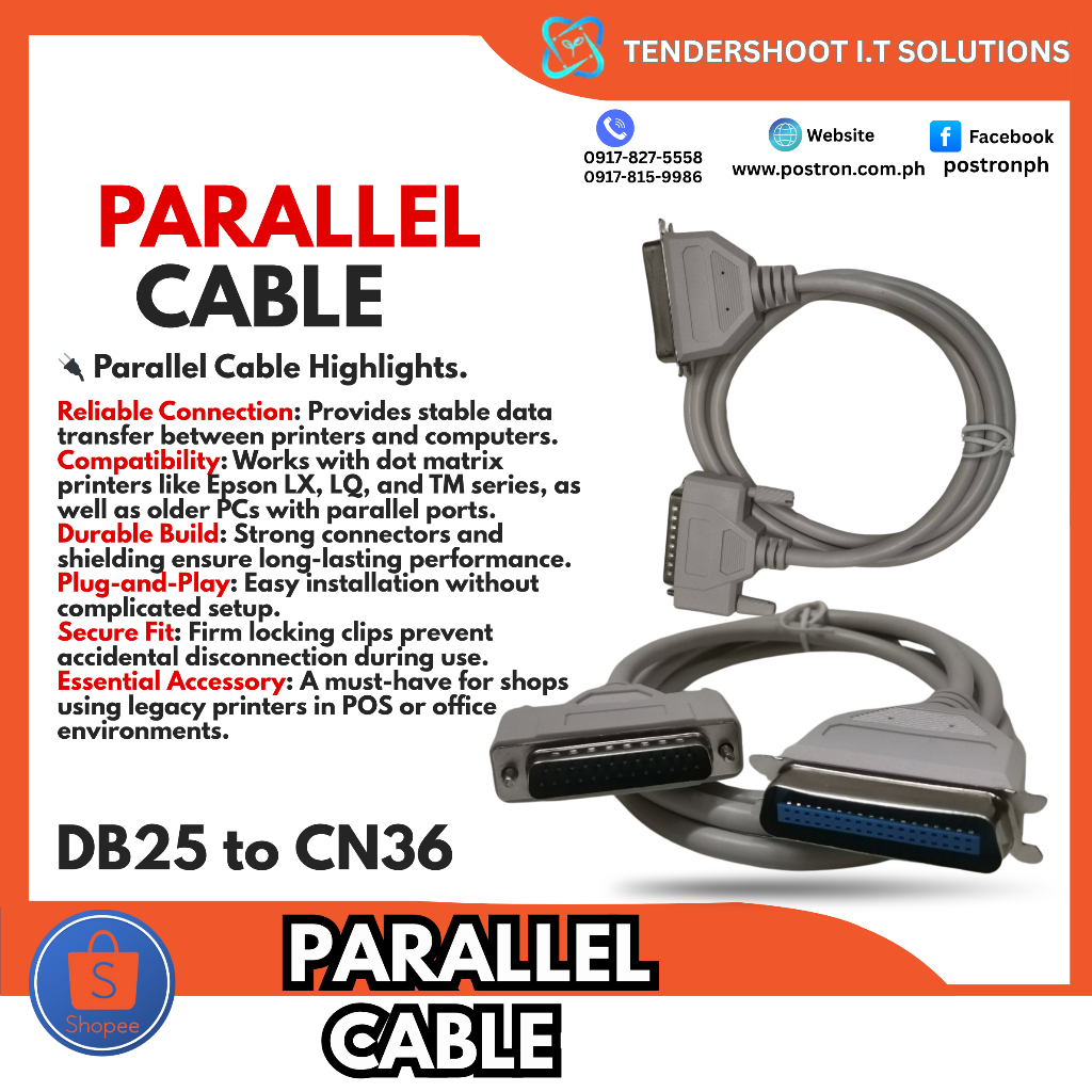 PARALLEL CABLE (DB25 to CN36) 1.5 Meters WHITE Generic compatible cable ...