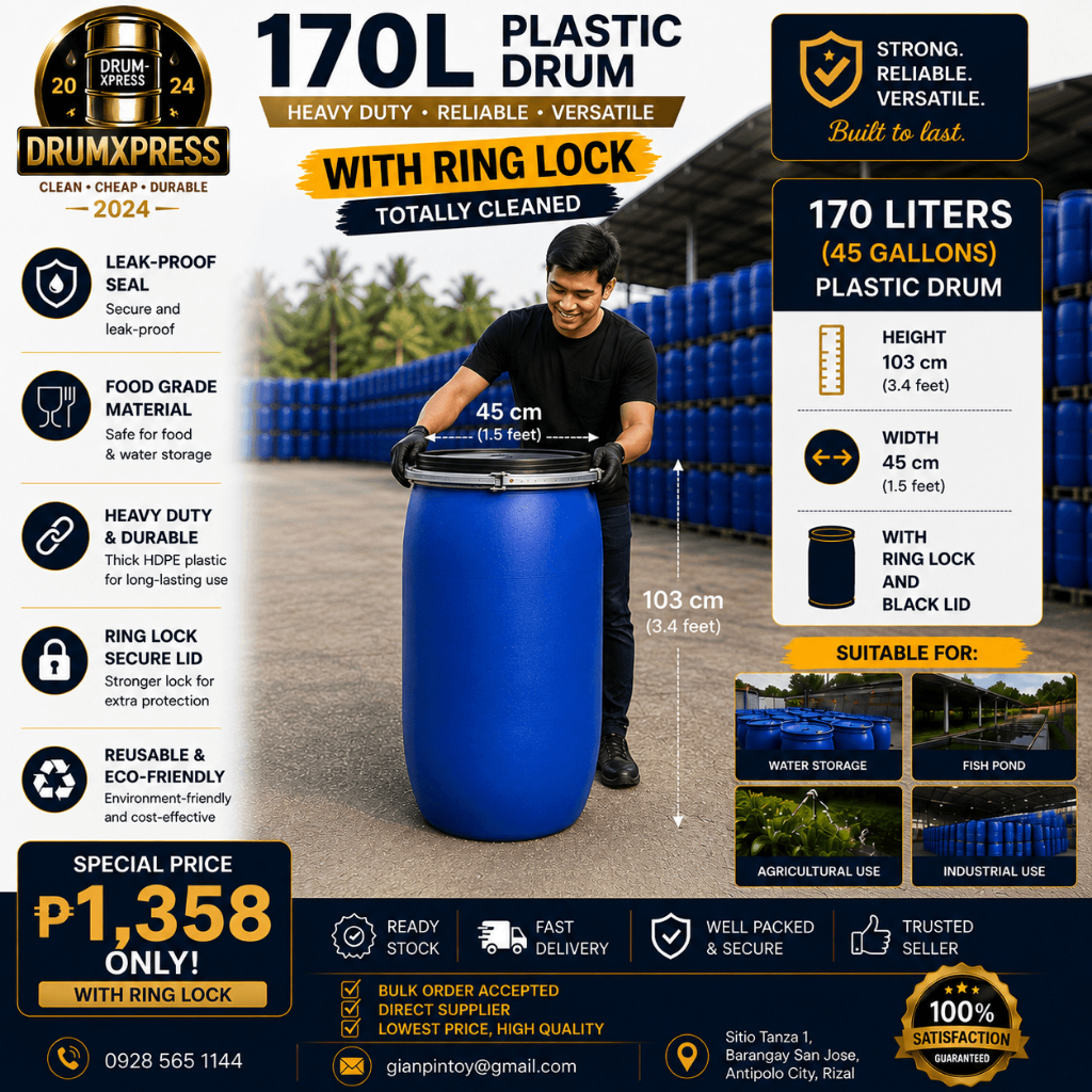 170L Blue Plastic Drum with Lid & Ring Lock | Heavy Duty HDPE Water ...