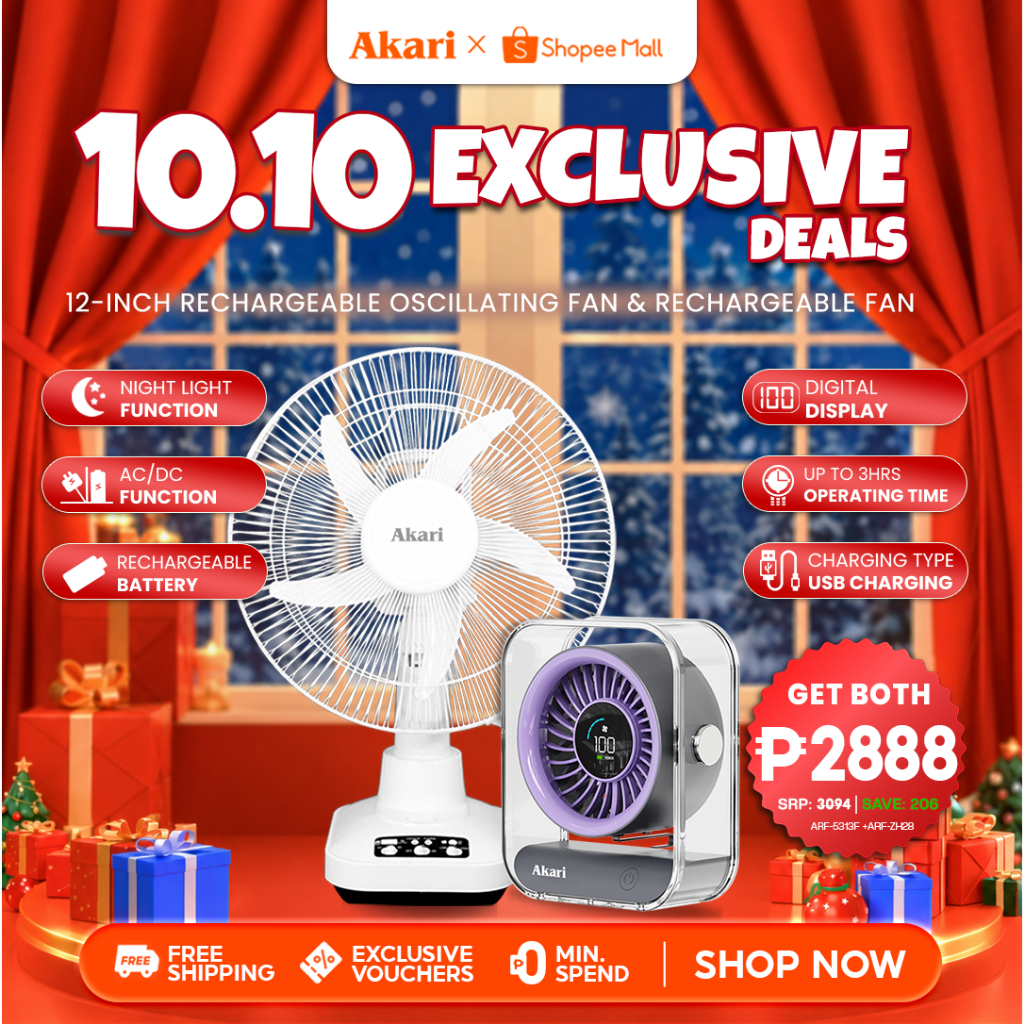 Akari 12" Rechargeable Fan + Portable Rechargeable Fan (ARF-5313F+ ARF ...