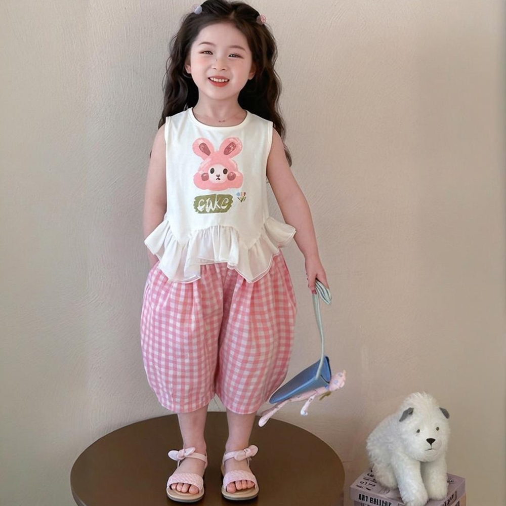 Summer Cute Rabbit Print Girl'S Set Leisure Plaid Pants Children'S Suit ...