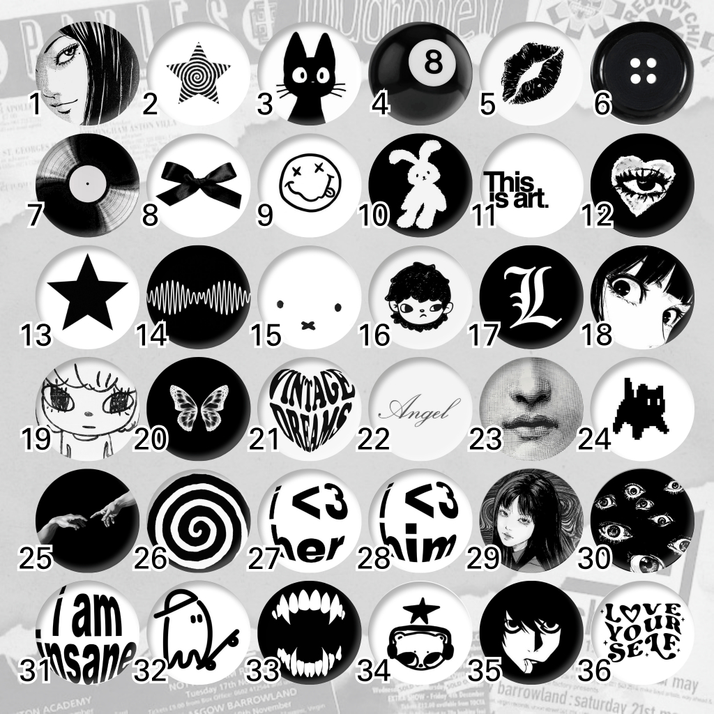 Aesthetic Button Pins Black & White | Y2K Emo Indie Cute Designs Custom ...