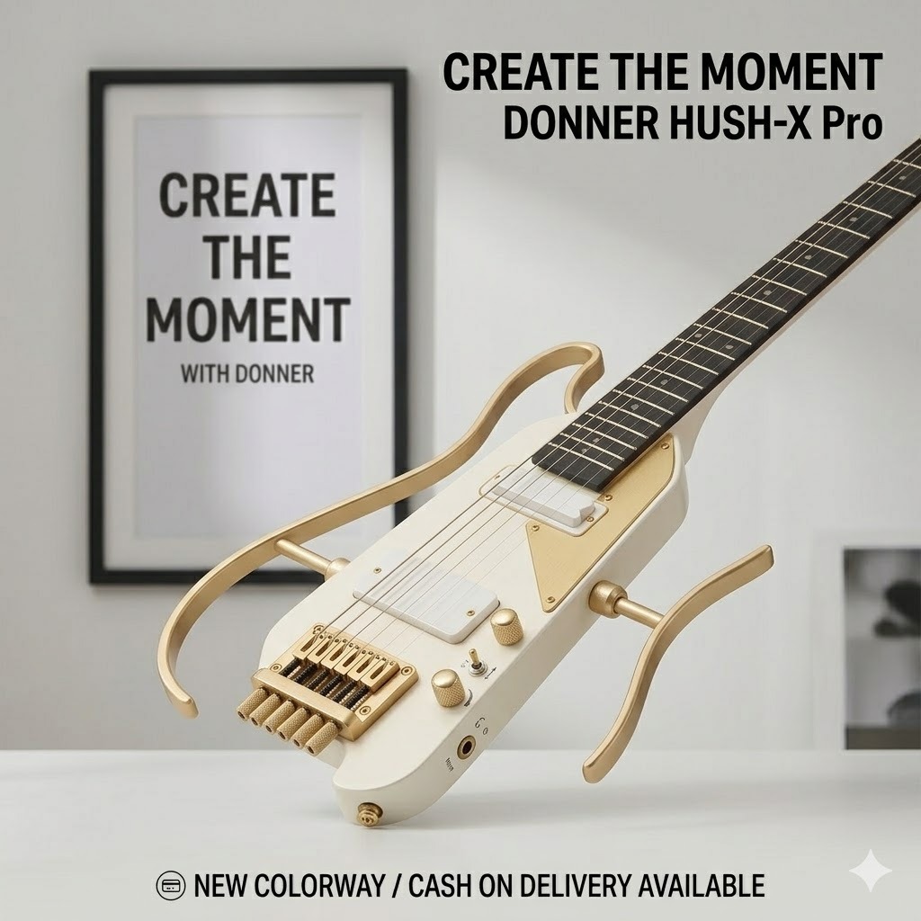 Premium White Gold Donner HUSH-X PRO Silent Electric Guitar Built