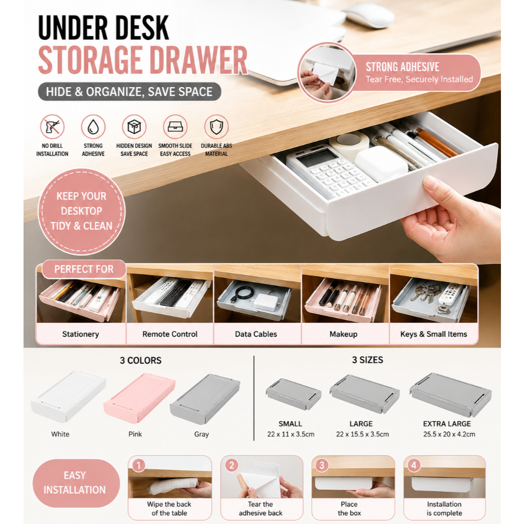 DuduMart Desk Bottom Hidden Storage Drawer Under Table Organizer Box ...