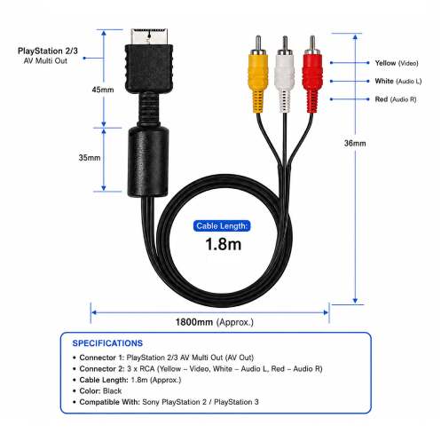 PlayStation 2 / PlayStation 3 AV Composite Cable – AV Multi Out to 3 ...