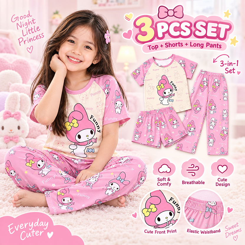 Kids 3PCS Pajamas Set Top Shorts Long Pants Funny Cartoon Print Pink ...