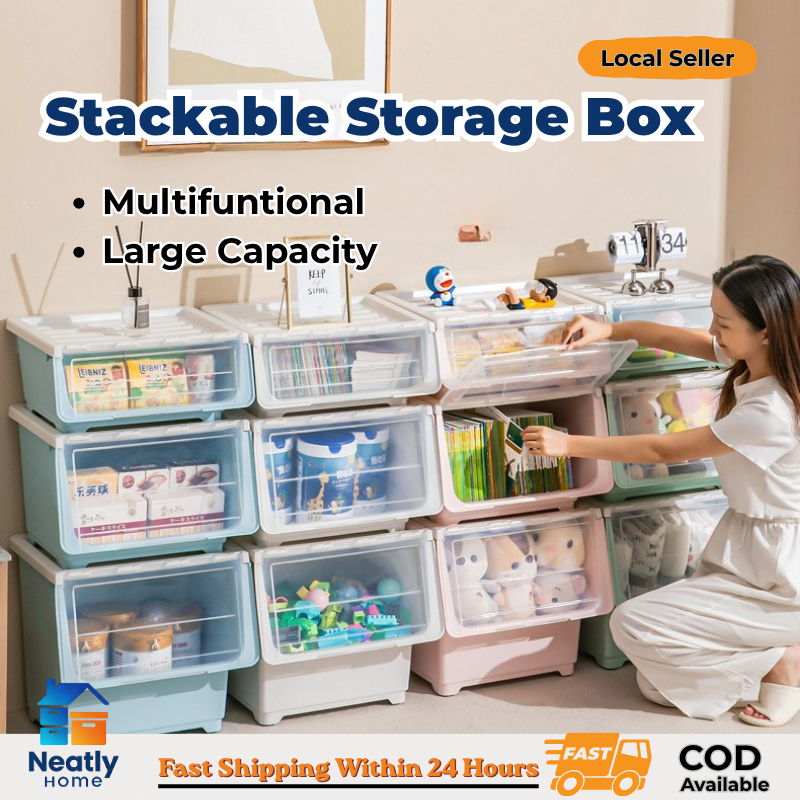 Stackable Storage Box Flip Top Plastic Organizer Large Capacity ...