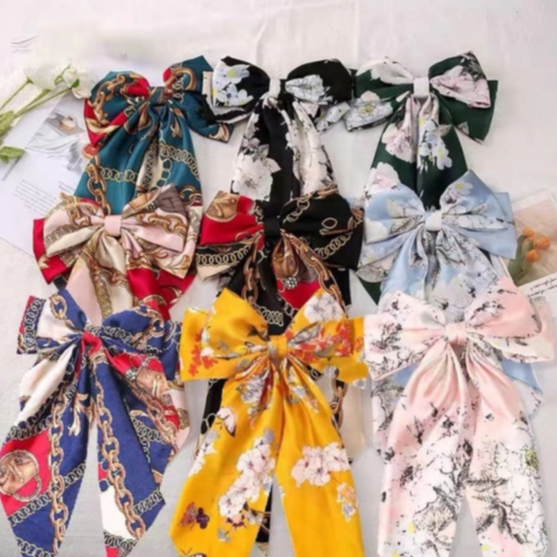 European Retro Elegant Print Long Ribbon Bow Hair Clip Ponytail Hairpin ...