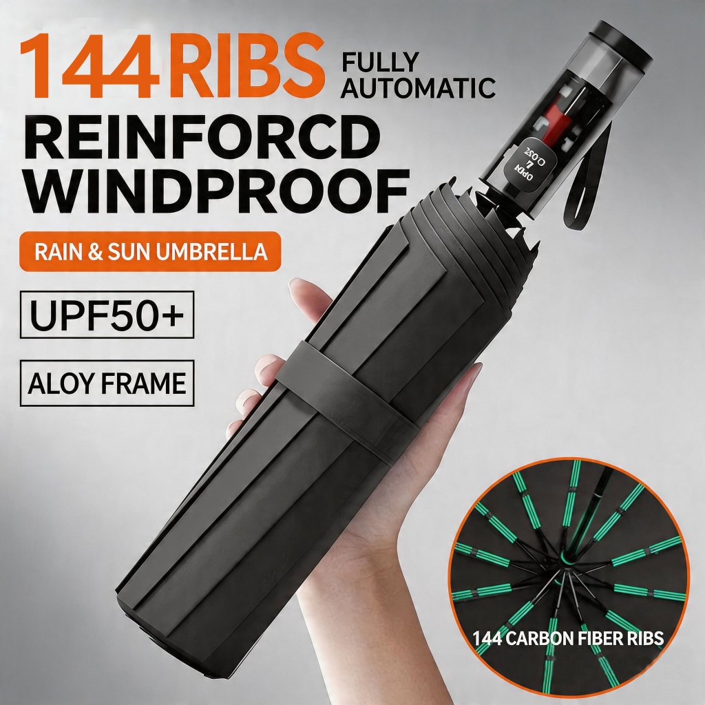 NEW 24 Ribs Automatic Large Folding Umbrella Windproof Rain & Sun Black ...