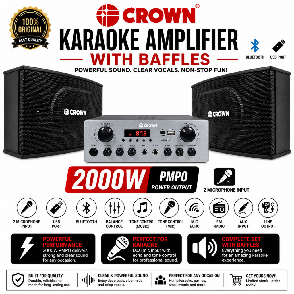 CROWN BFA-616 Karaoke Amplifier w/ Baffles – 2000W PMPO Power ...
