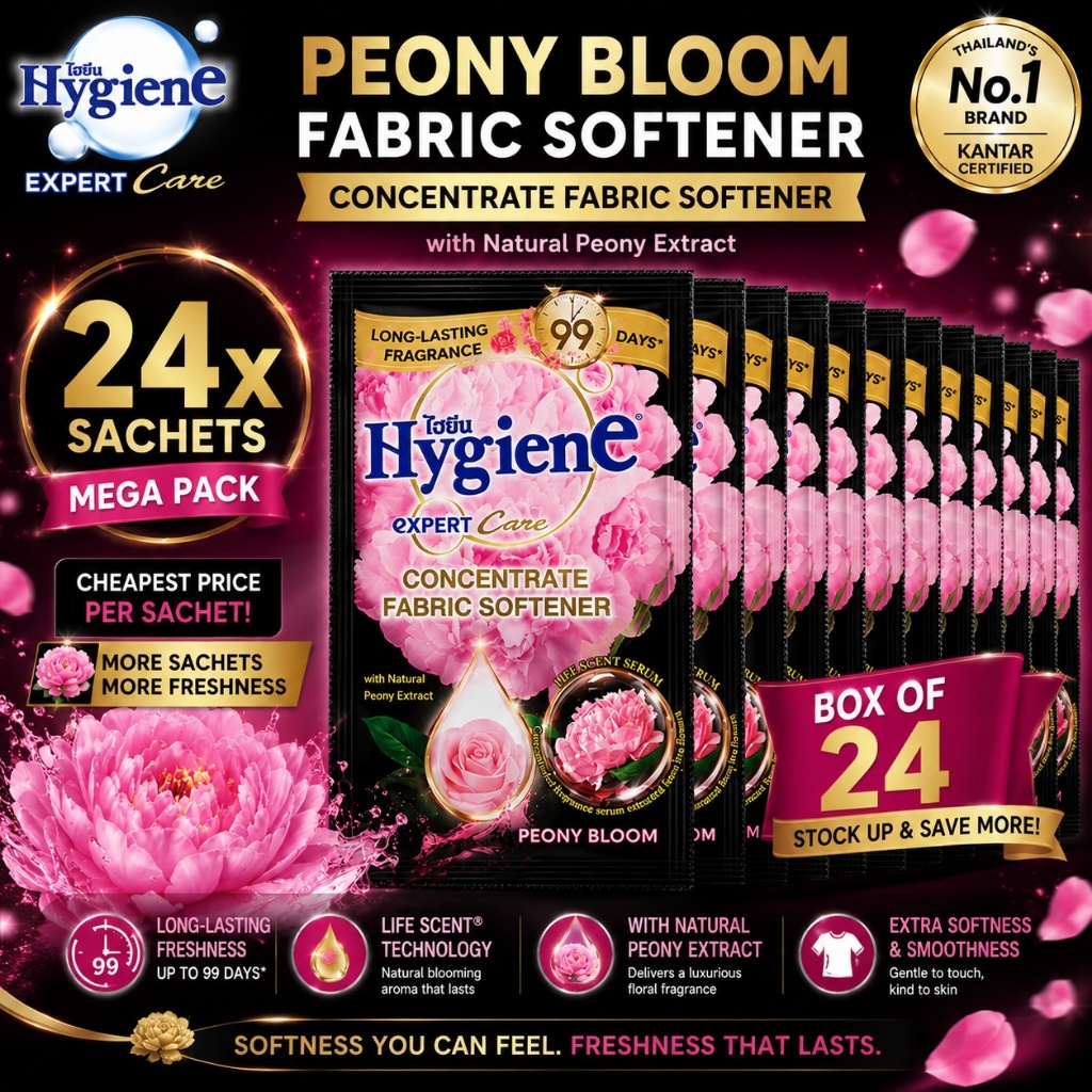 Hygiene Fabric Conditioner Peony Bloom 20mL Sachet x 24 | Long-Lasting ...