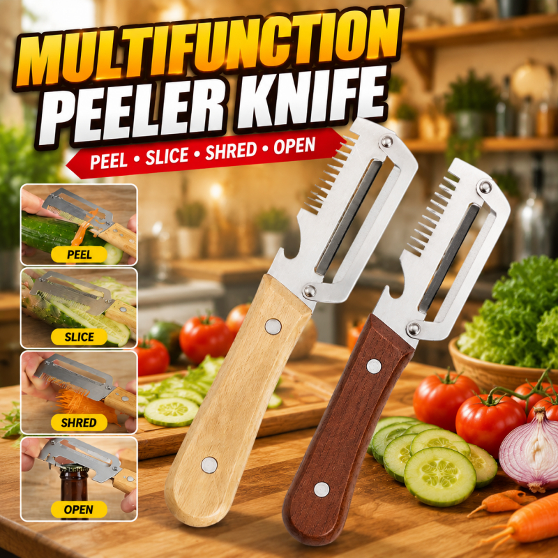 3-in-1 Multifunctional Vegetable Peeler Stainless Steel Slicer Wooden  Handle Bottle Opener Kitchen