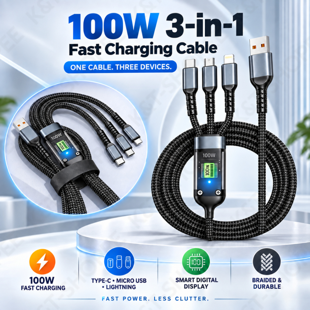 100W 3-in-1 Fast Charging Cable Transparent LED Display Type-C Micro ...