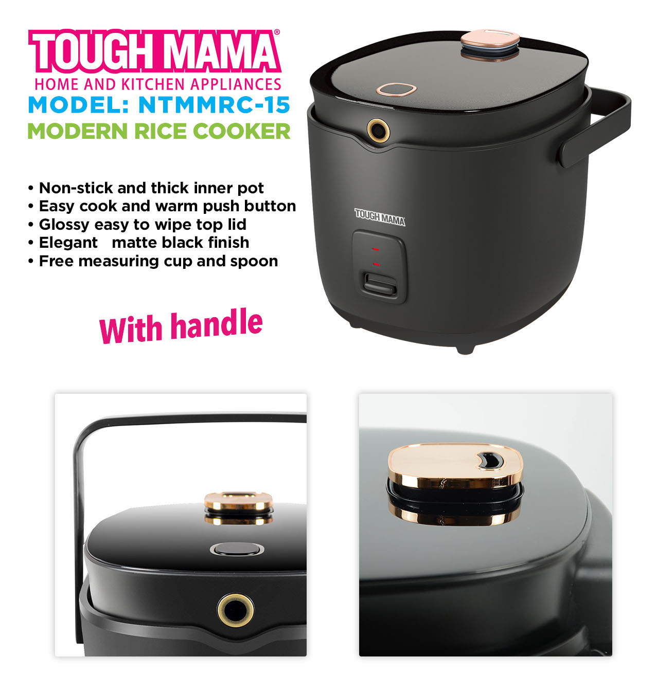 Tough Mama NTMMRC15 Modern Matte Black Jar Rice Cooker Nonstick with