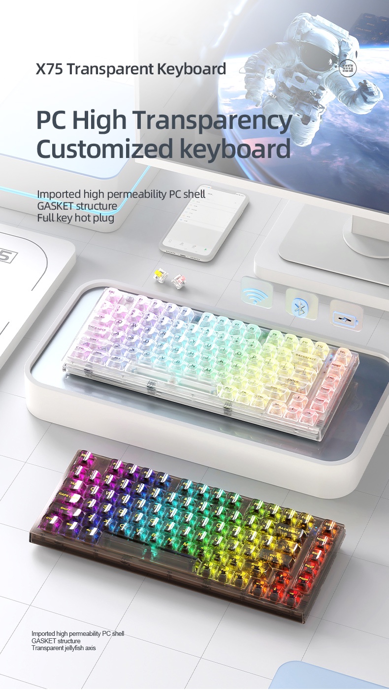 Xinmeng X75 Gasket Mount Hot-Swappable Wired RGB Crystal Clear ...