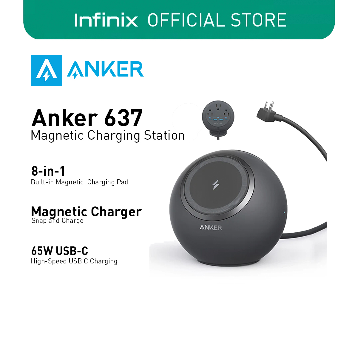Anker 637 Magnetic Charging Station (MagGo) 8-IN-1 Wireless Charger USB C  Power Strip,Black 
