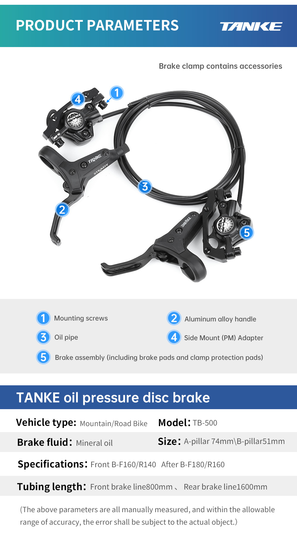 TANKE TB500 MTB Bicycle Hydraulic Disc Brake 160mm Rotor Oil Caliper ...