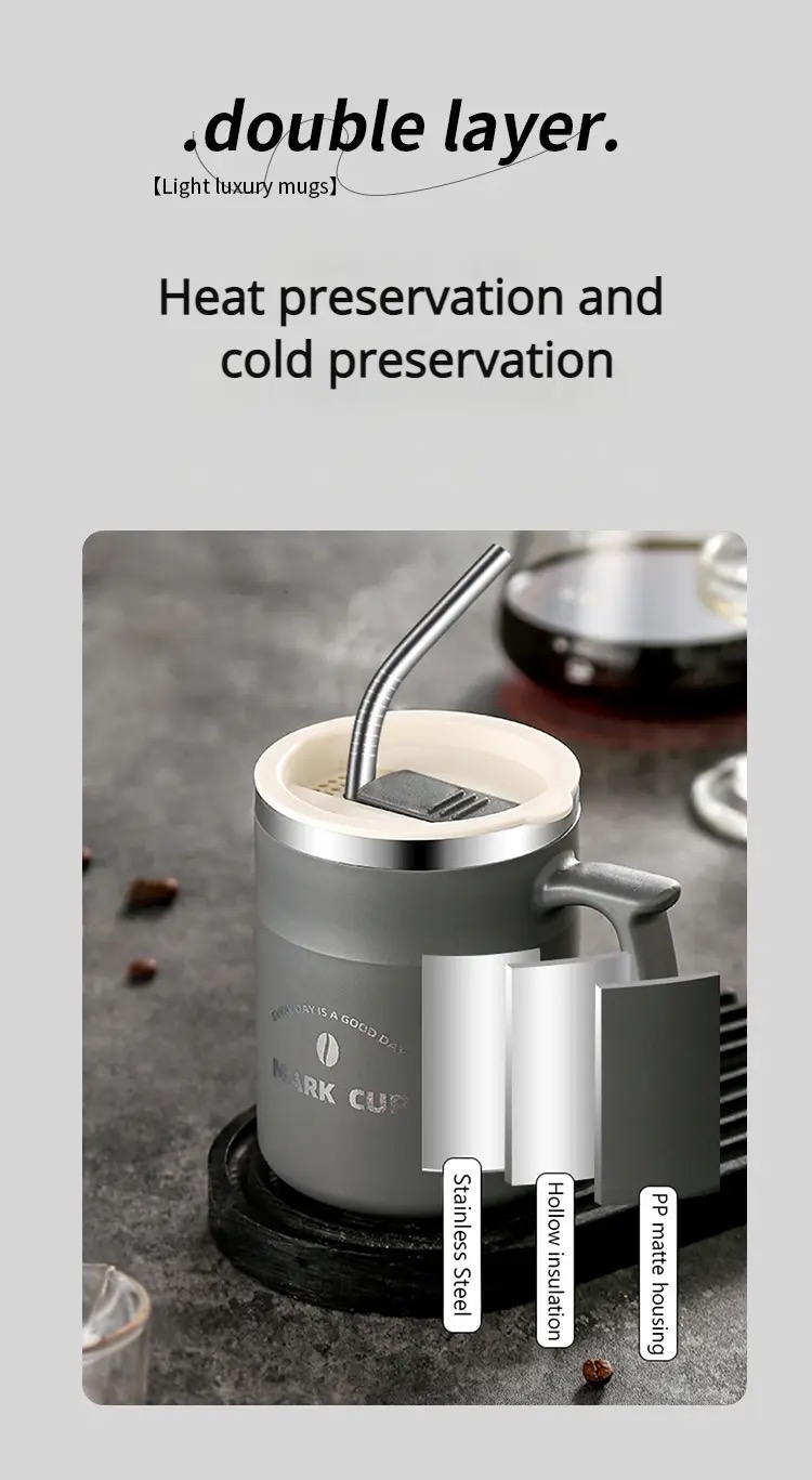 Stainless Steel Coffee Mug Tumbler With Straw Thermos Cup With Handle ...