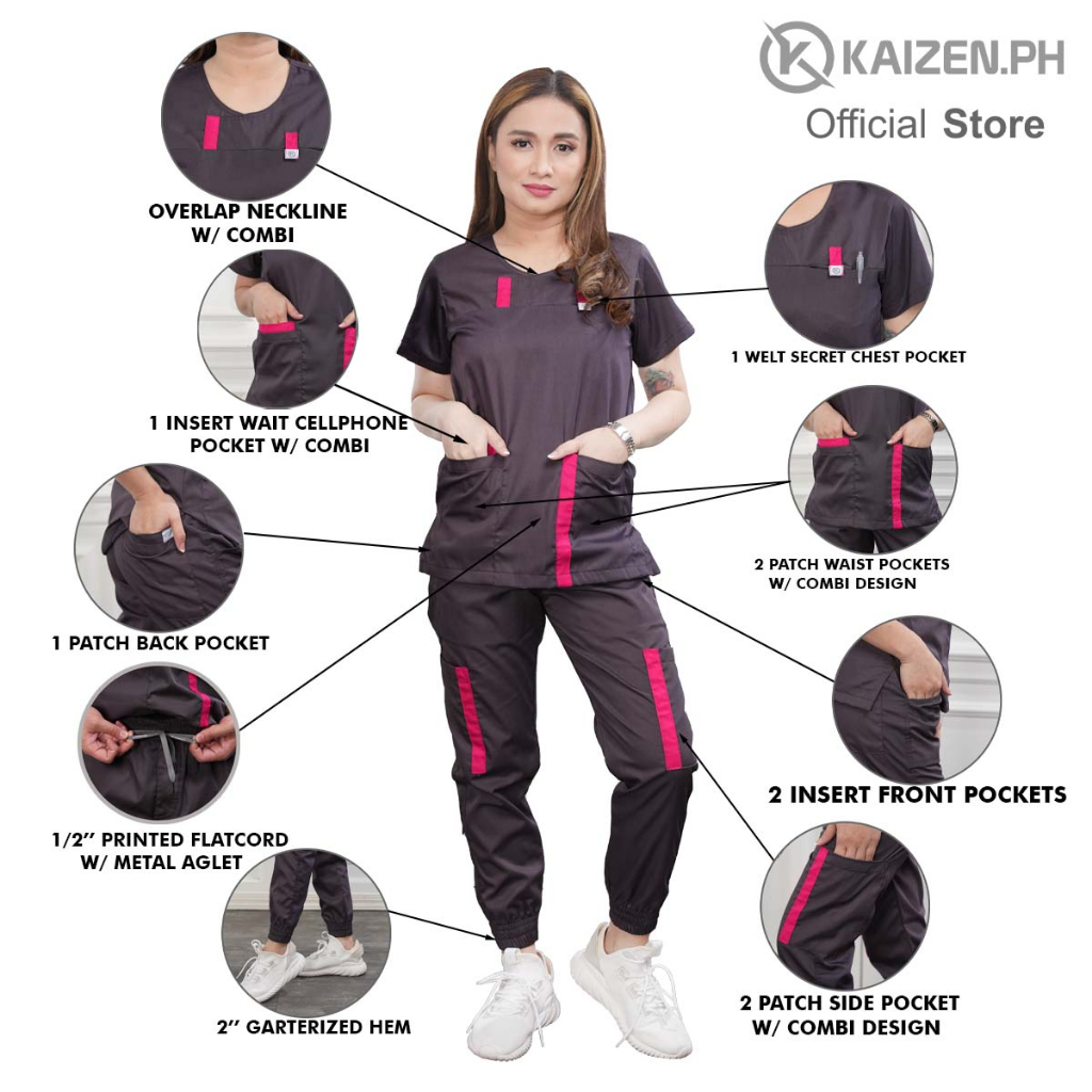 KAIZEN.PH Scrub Suit 1st Gen KSS-34 Overlap Neck, Secret Pocket Combi  Design, 5-Pocket Jogger Pants