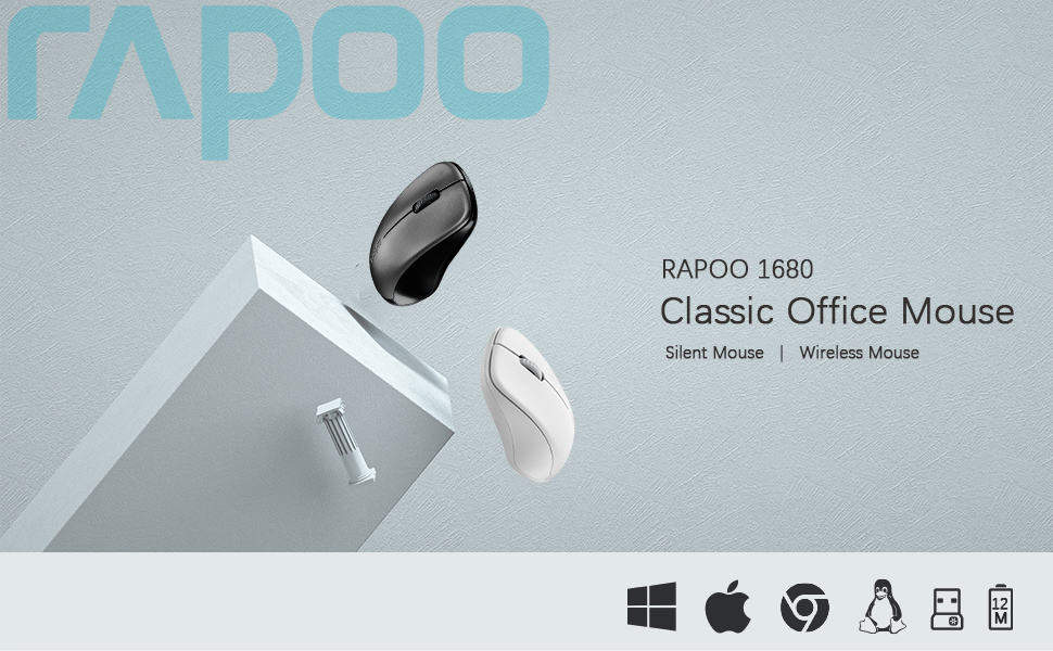 Rapoo Mouse wireless silenzioso 1680 Mouse per computer da 2,4 GHz, sensore 1000 DPI, durata della batteria 12 mesi, ergonomico, per PC e Mac, nero