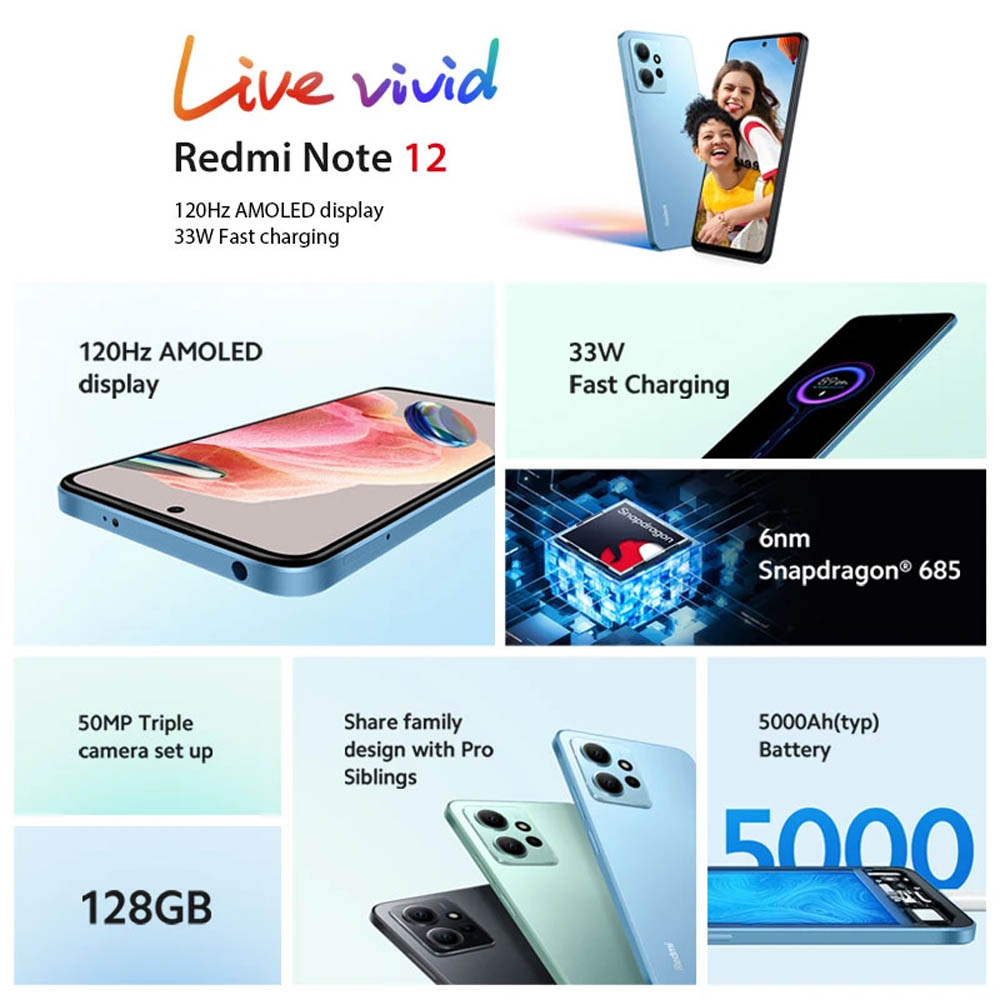 Xiaomi Redmi Note 12 Smartphone, 8GB+256GB/6GB+128GB/8GB+128GB/4GB+128GB, Qualcomm Snapdragon 685