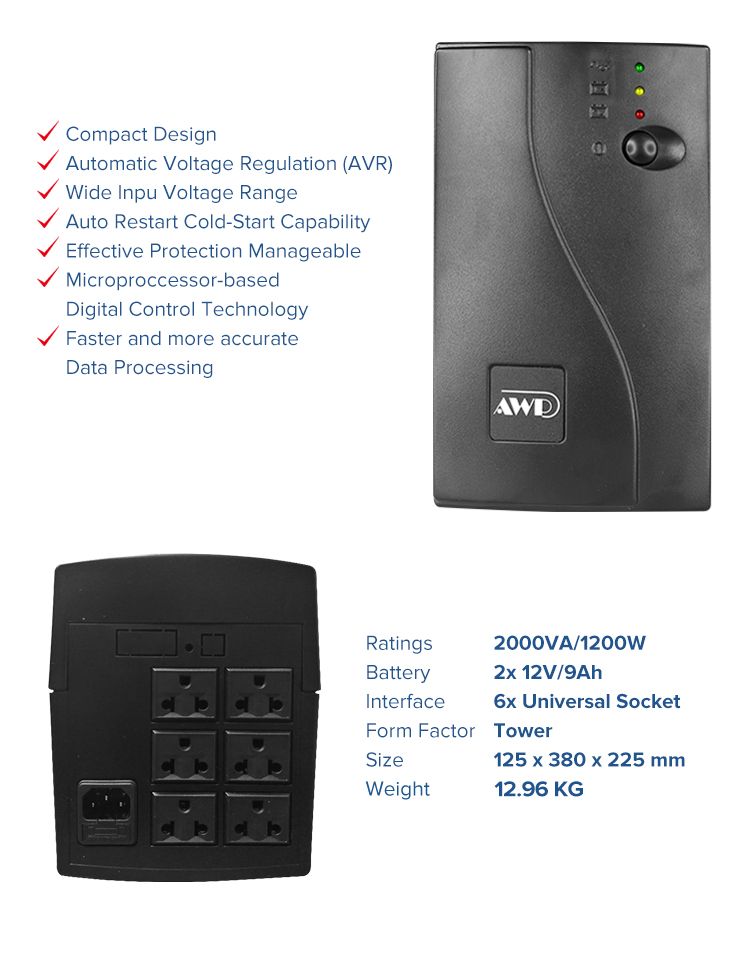 Ipason AWP AID2000 Aide 1200W-2000VA UPS With AVR Uninterruptible Power ...