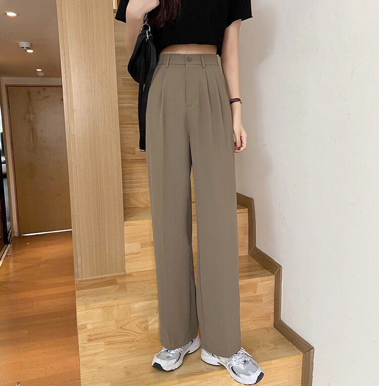 GUKOO Suit Pants High Waist Slimming Elastic Waist Vertical Leg Pants ...