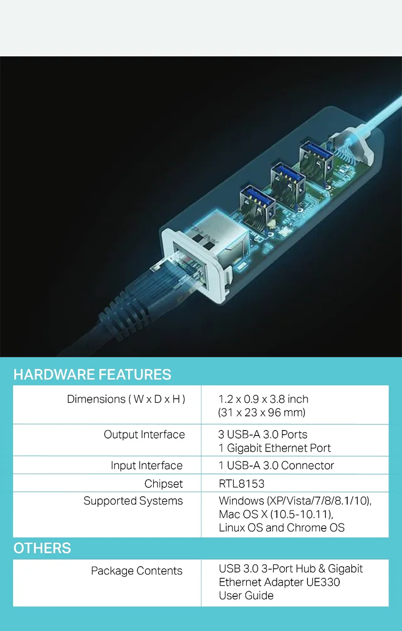 TP-Link | UE330 | USB 3.0 | 3-Port Hub | Gigabit | Ethernet | Adapter ...