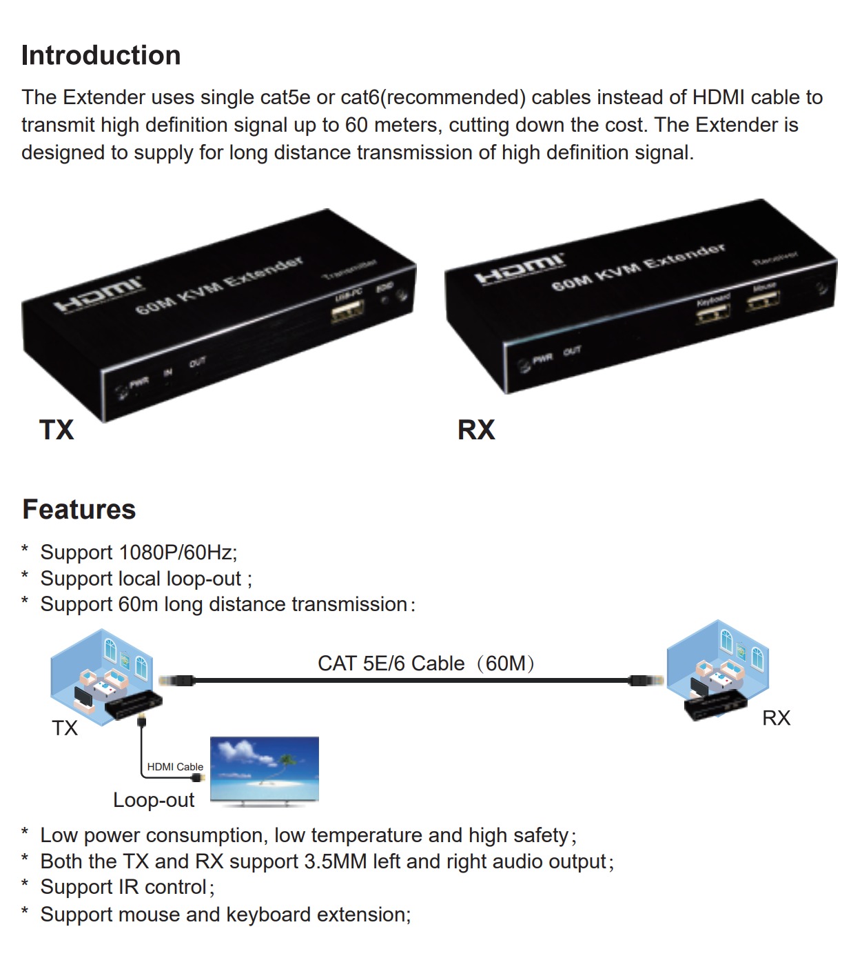 ArgoX HDES24 1080p HDMI KVM Extender TX RX w/ Loop, 60m Range, Supports ...