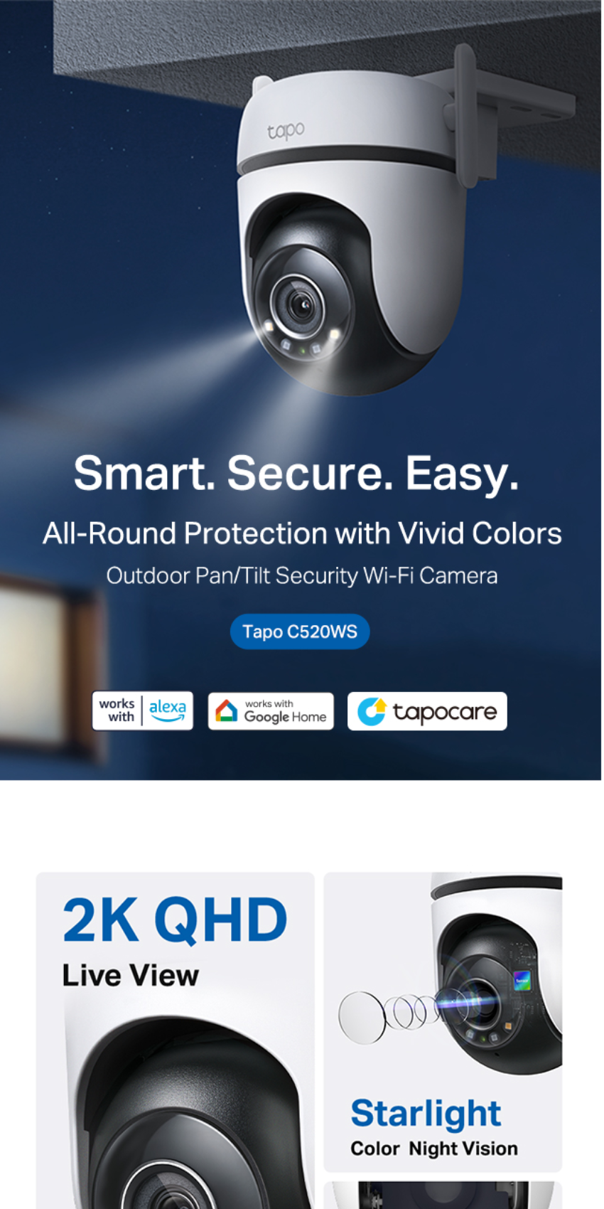 TP-Link Tapo C520WS 2K QHD Starlight Color Night Vision IP66 Outdoor  Pan/Tilt Security WiFi Camera