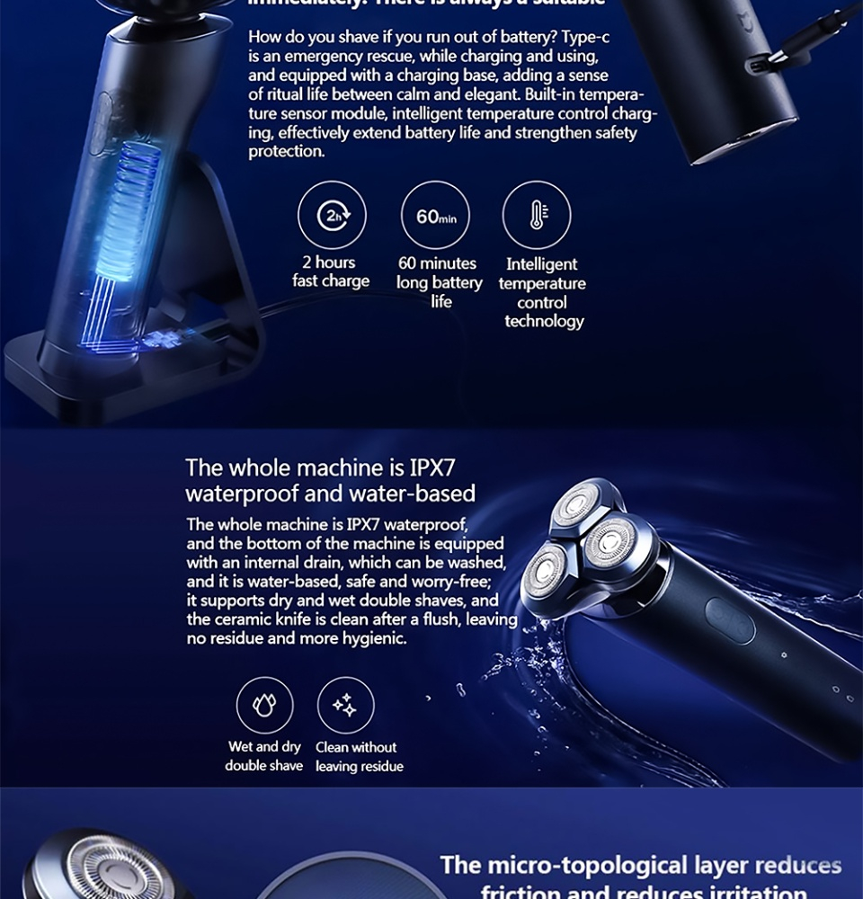Xiaomi Mijia S700 Electric Shaver Rechargeable IPX7 Waterproof Ceramic ...