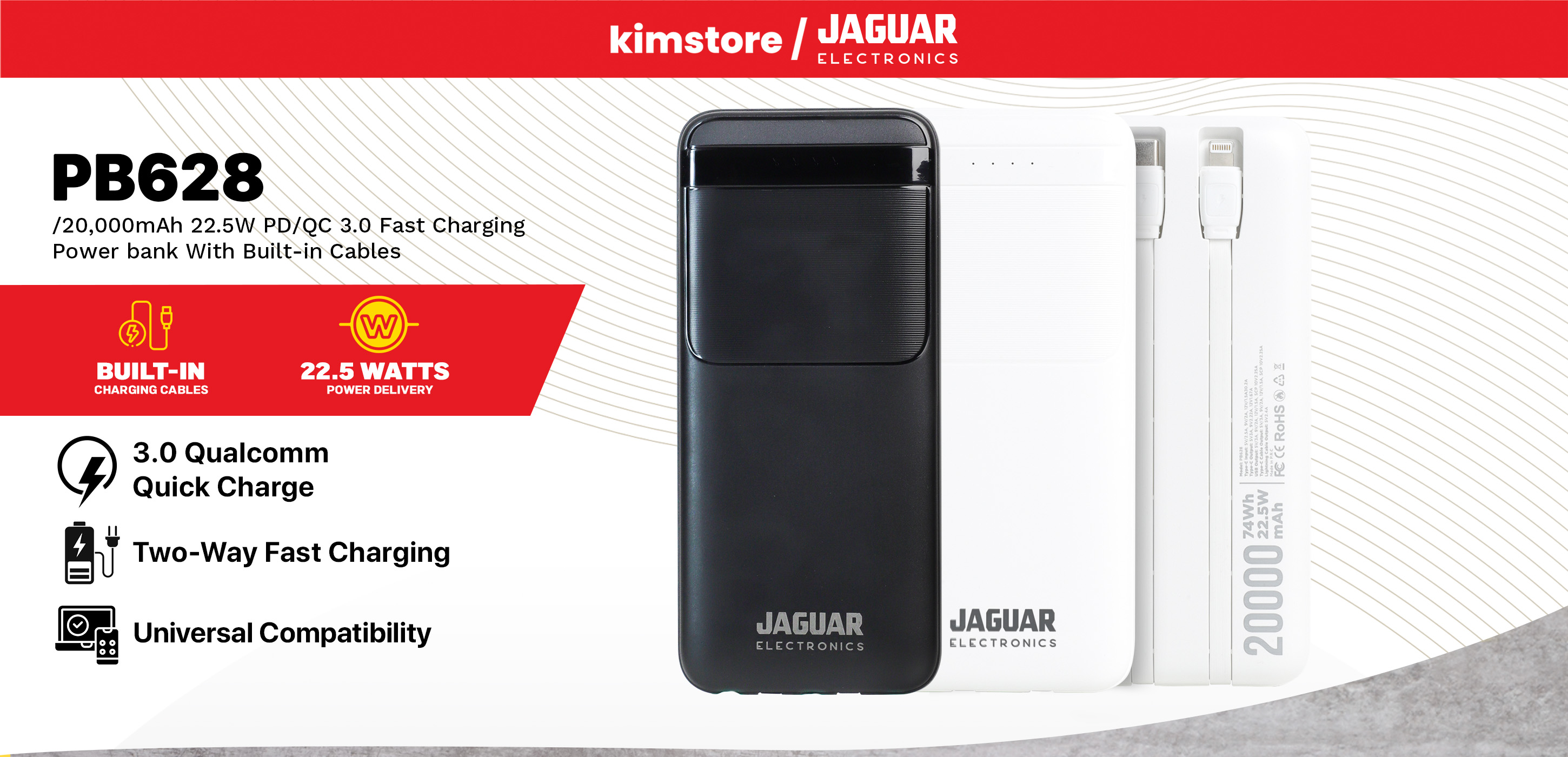 Jaguar Electronics PB628 20000mAh 22.5W PD/QC 3.0 Fast Charging Power ...