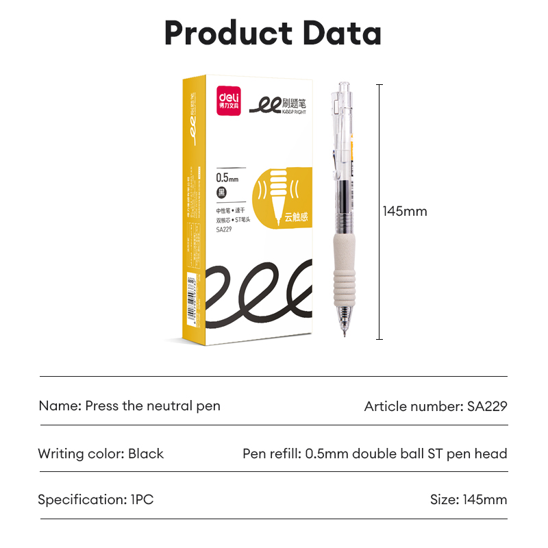 Deli Brush Topic Quick Dry Press Large Capacity Gel Pen 0.5mm ST Black ...