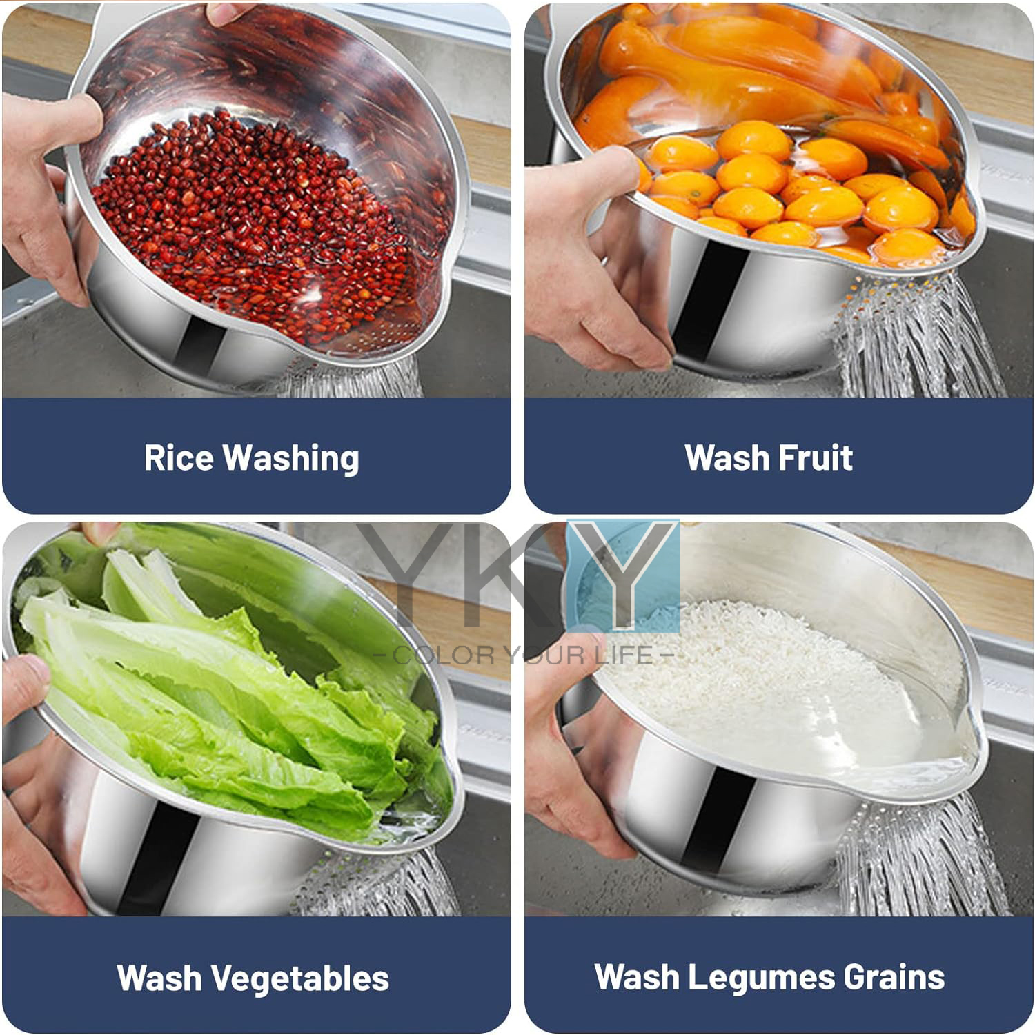 Rice Sieve Colander Fruit Vegetable Strainer Sink Drainer Washing Bowl ...