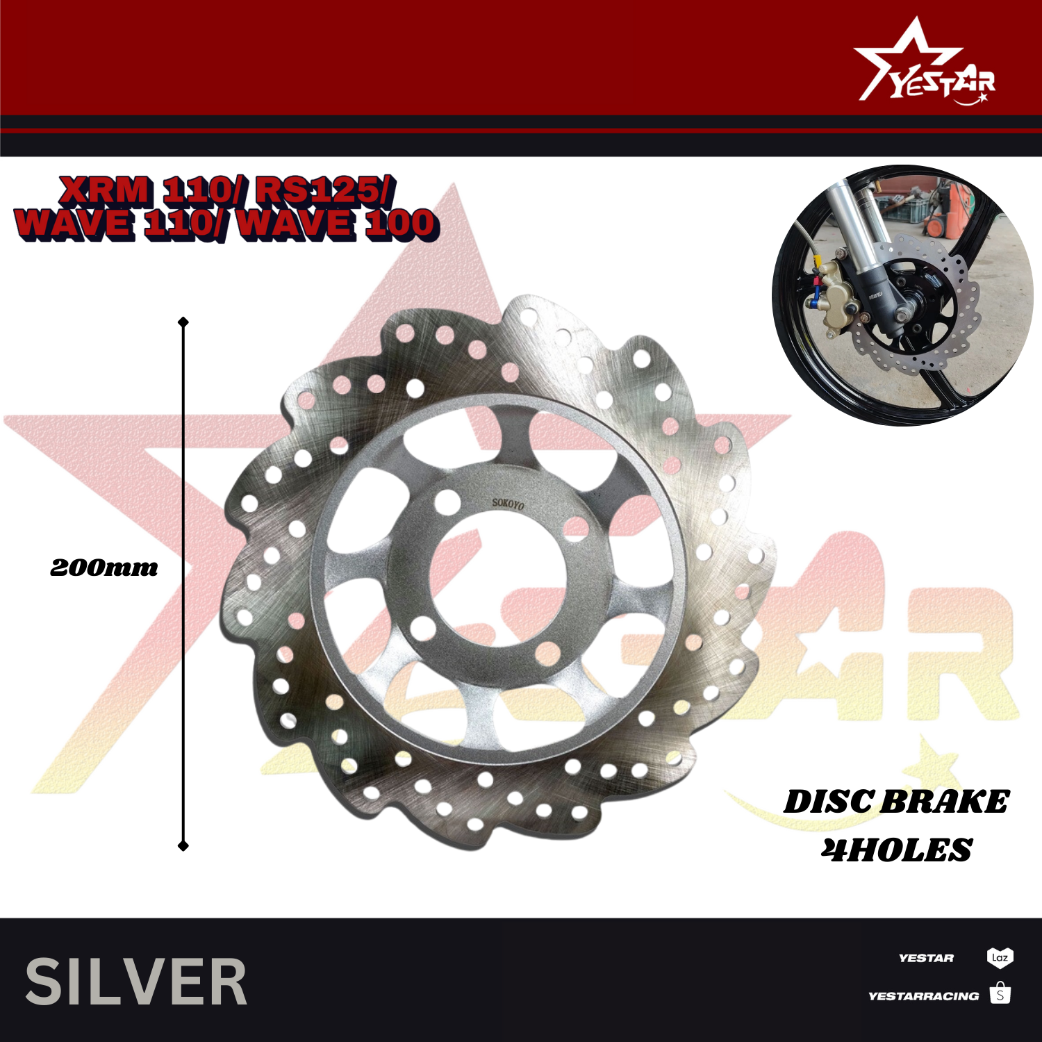 YeStar 1pcs Front Disc Brake 220mm 4 Holes for XRM 110 RS 125 Wave 100 ...