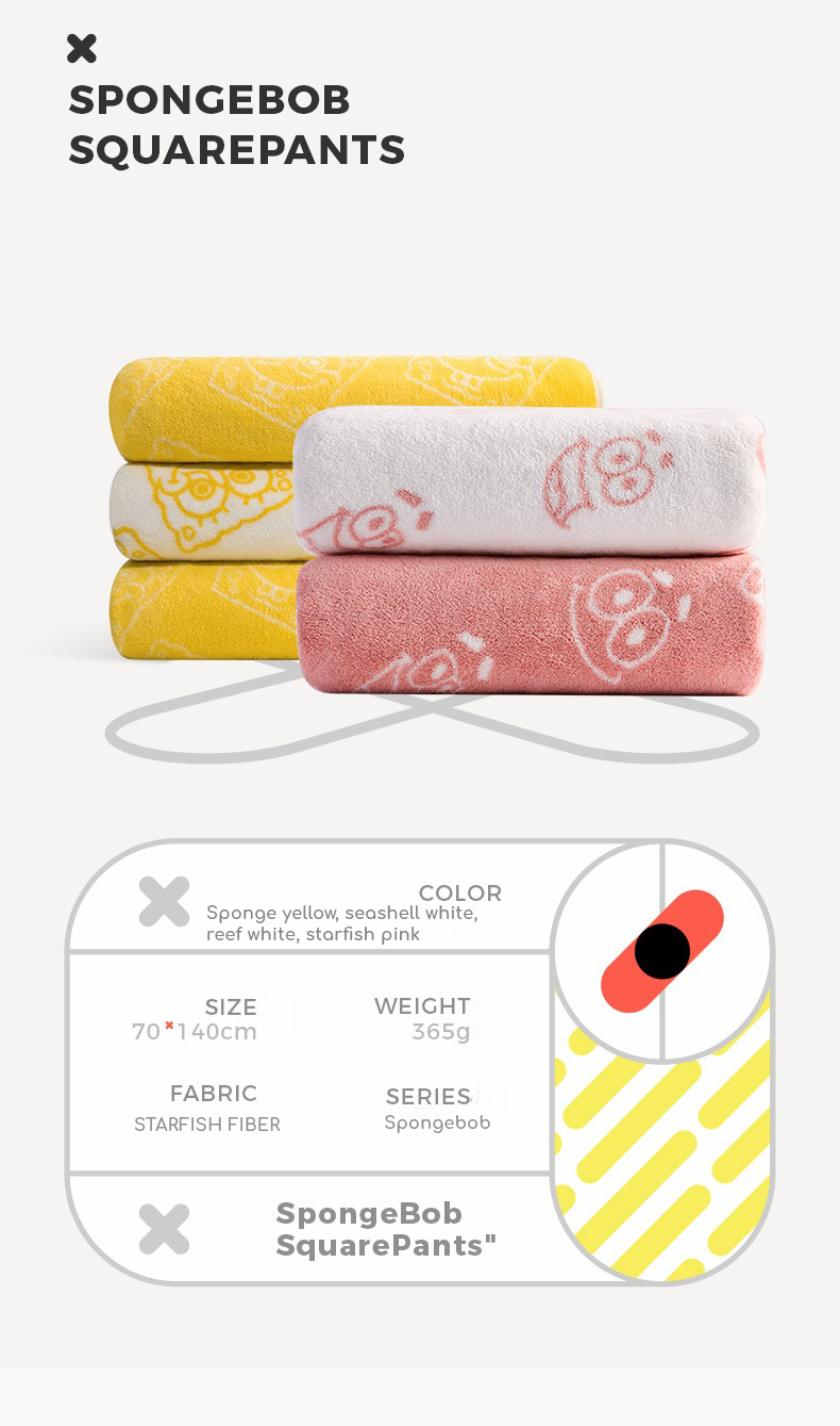 Ziorca x SANLI SpongeBob Antibacterial Bath Towel 70x140cm 365g Coral ...